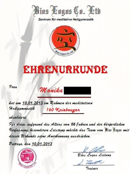 Ehrenurkunde Monika S. - Januar 2013